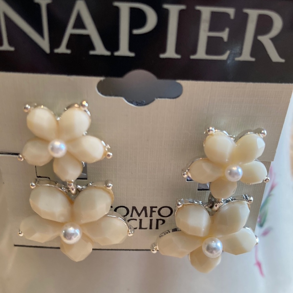 Napier Cream Floral Clip-On Earrings - Pearl Accent